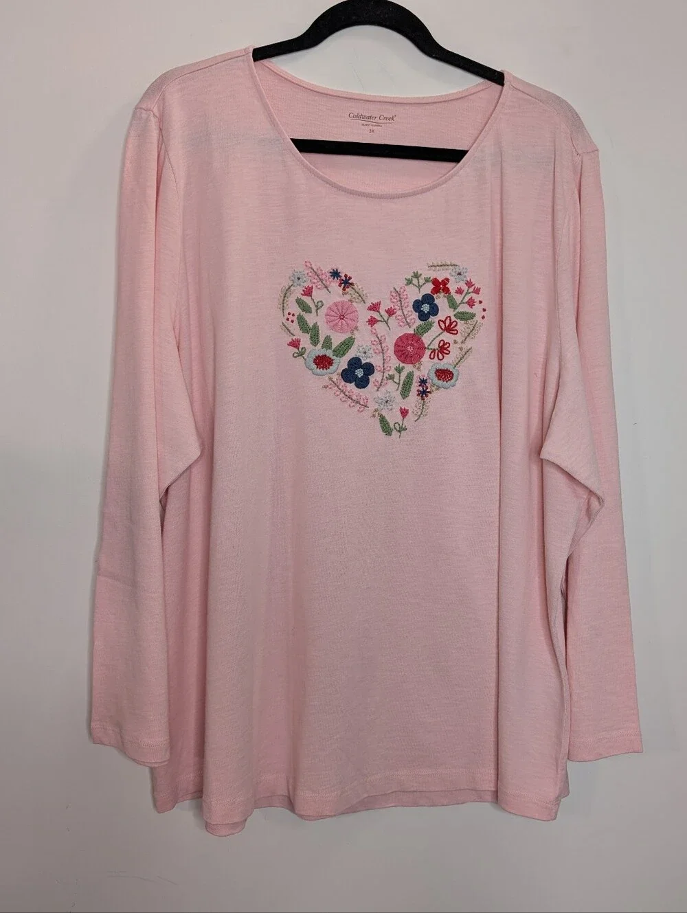 Coldwater Creek Embroidered Heart Floral Tee Pink 3X Cottagecore Boho Top - Picture 2 of 7